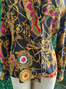 Vtg 90s DANA BUCHMAN Baroque Cowl Neck 100% Silk Blouse Black Pink JEWELS Watches Pattern