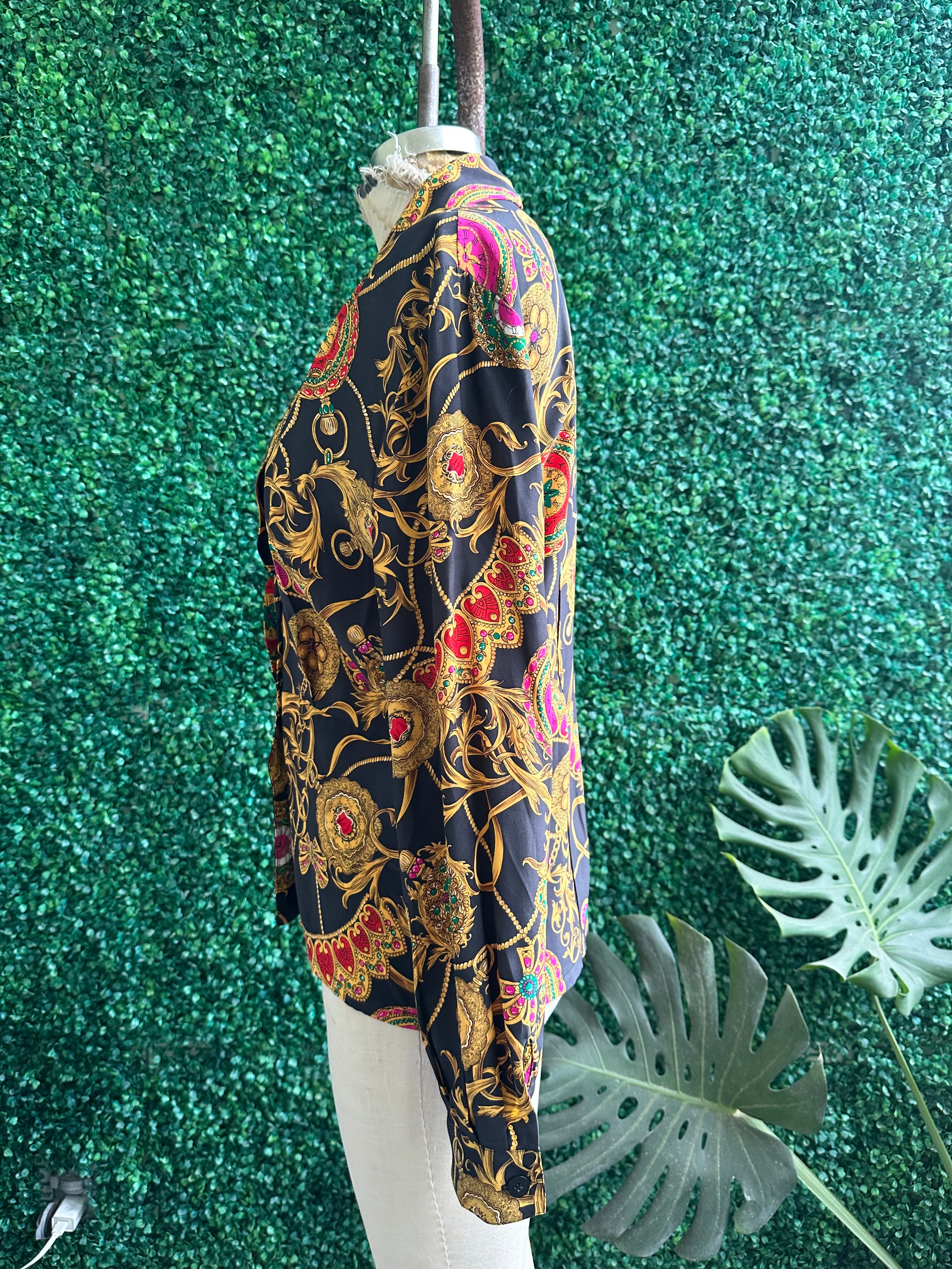 Vtg 90s DANA BUCHMAN Baroque Cowl Neck 100% Silk Blouse Black Pink JEWELS Watches Pattern