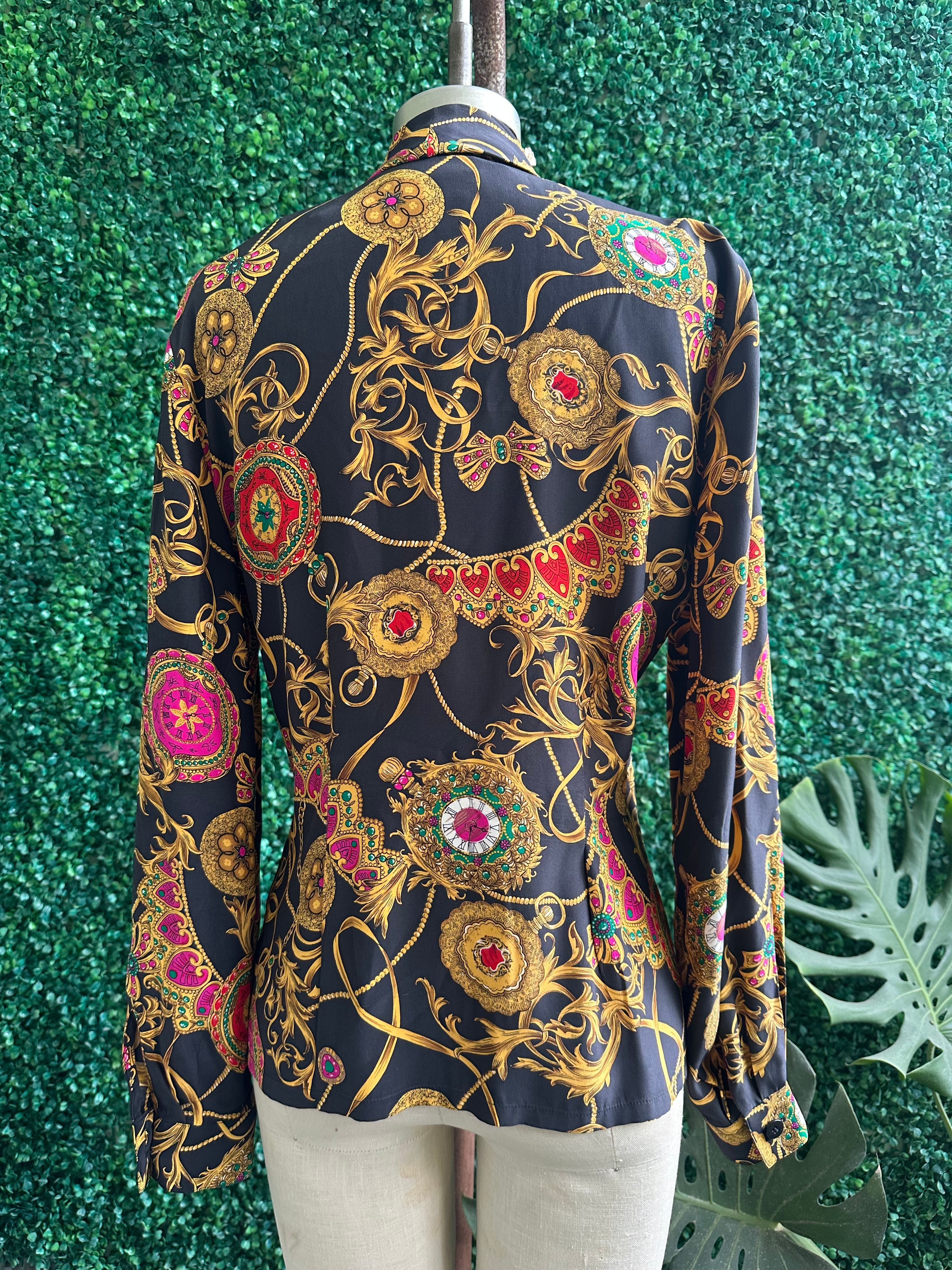 Vtg 90s DANA BUCHMAN Baroque Cowl Neck 100% Silk Blouse Black Pink JEWELS Watches Pattern