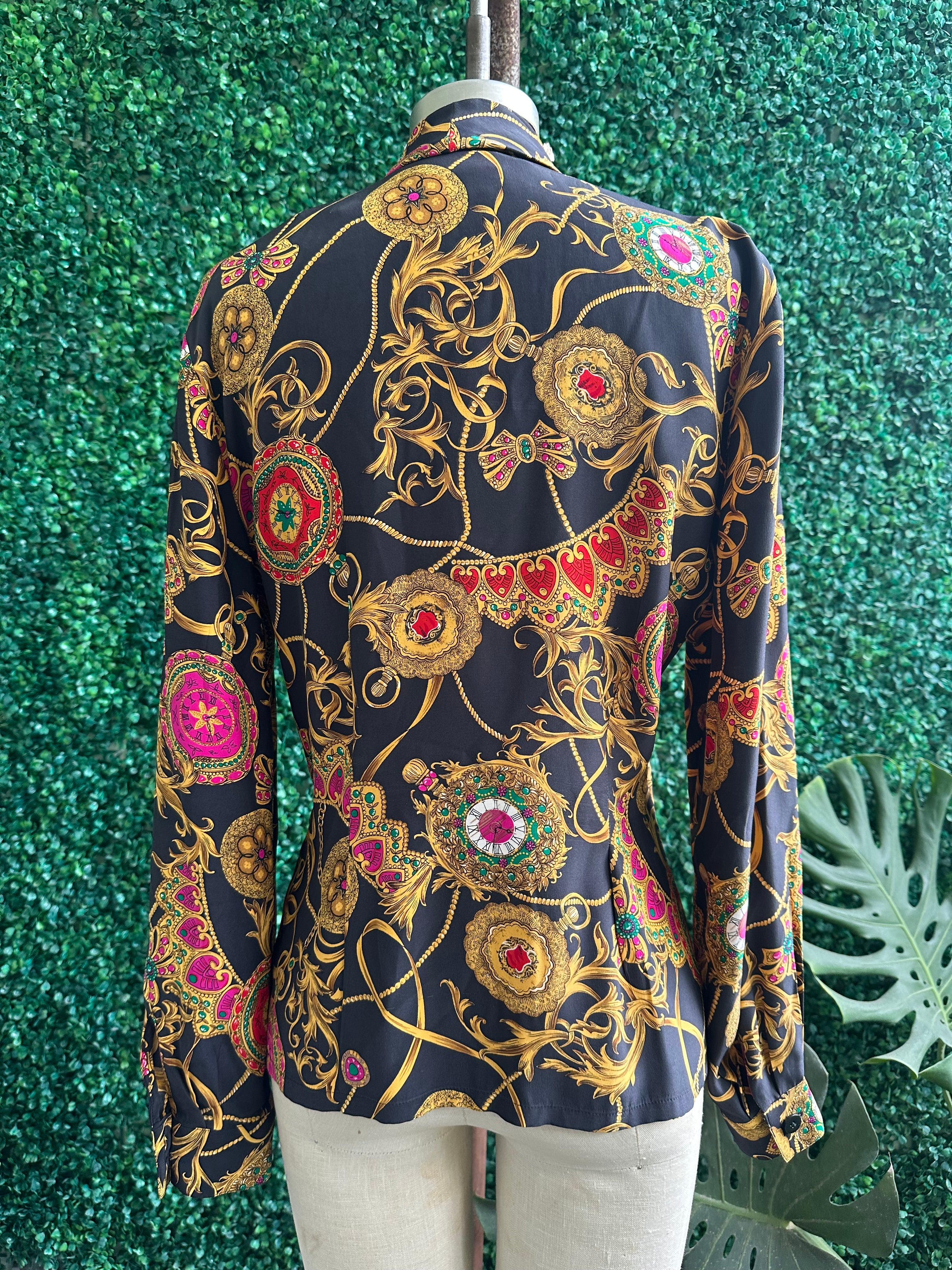 Vtg 90s DANA BUCHMAN Baroque Cowl Neck 100% Silk Blouse Black Pink JEWELS Watches Pattern