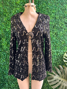 Vintage Black Deco Sequined Cardigan Chevron Blazer Women's