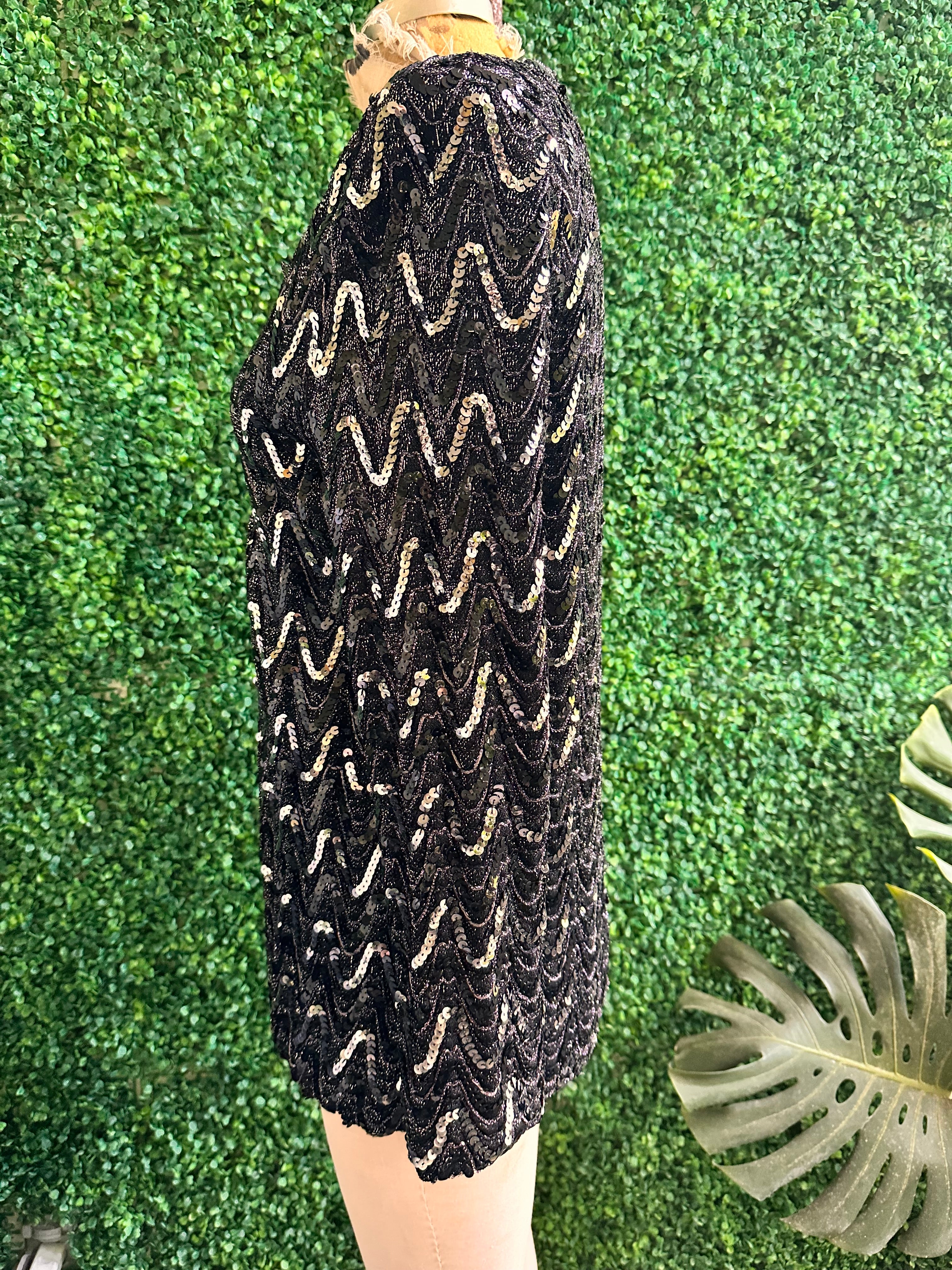 Vintage Black Deco Sequined Cardigan Chevron Blazer Women's