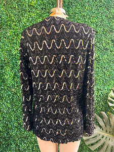 Vintage Black Deco Sequined Cardigan Chevron Blazer Women's
