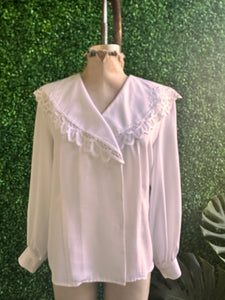 90s white lace collar puff sleeve button down blouse