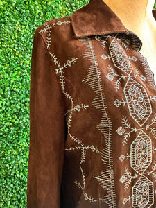 Vintage Brown Leather Suede Maxi Coat with Tiffany Blue Turkey Embroidery EU 40