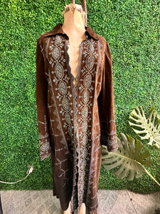 Vintage Brown Leather Suede Maxi Coat with Tiffany Blue Turkey Embroidery EU 40