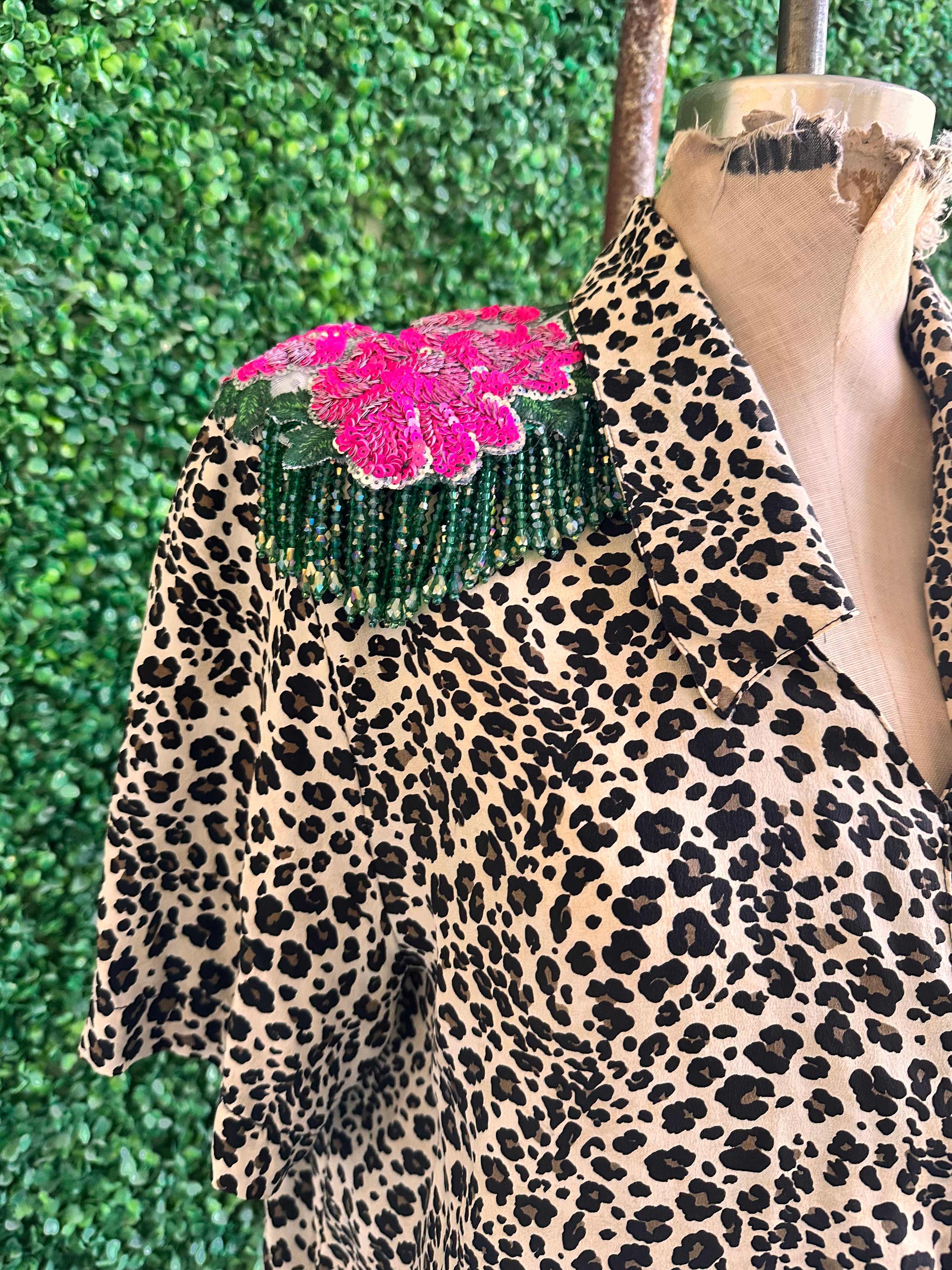 80s Cheetah Animal print silk with sequins and fringe