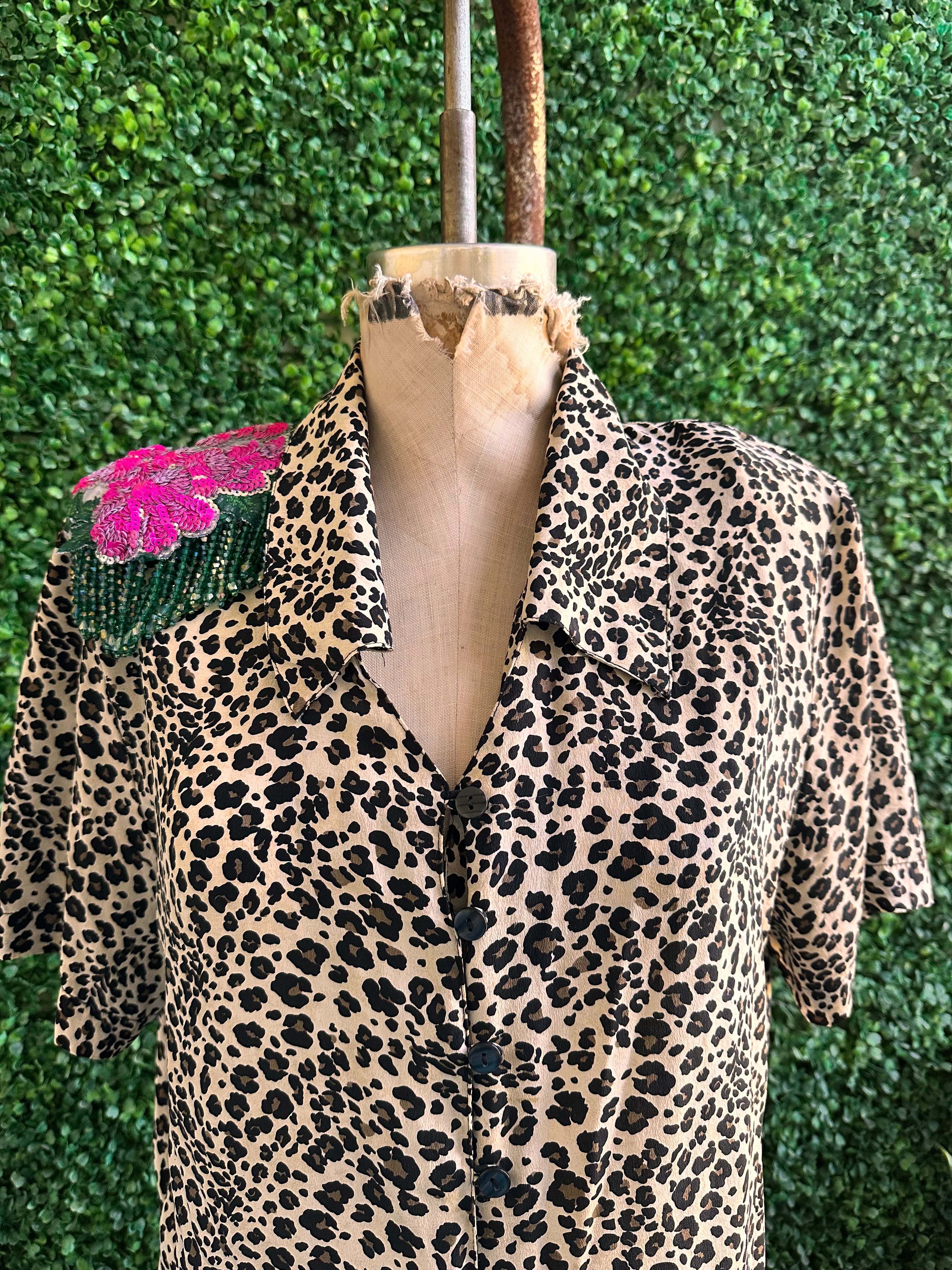 80s Cheetah Animal print silk with sequins and fringe