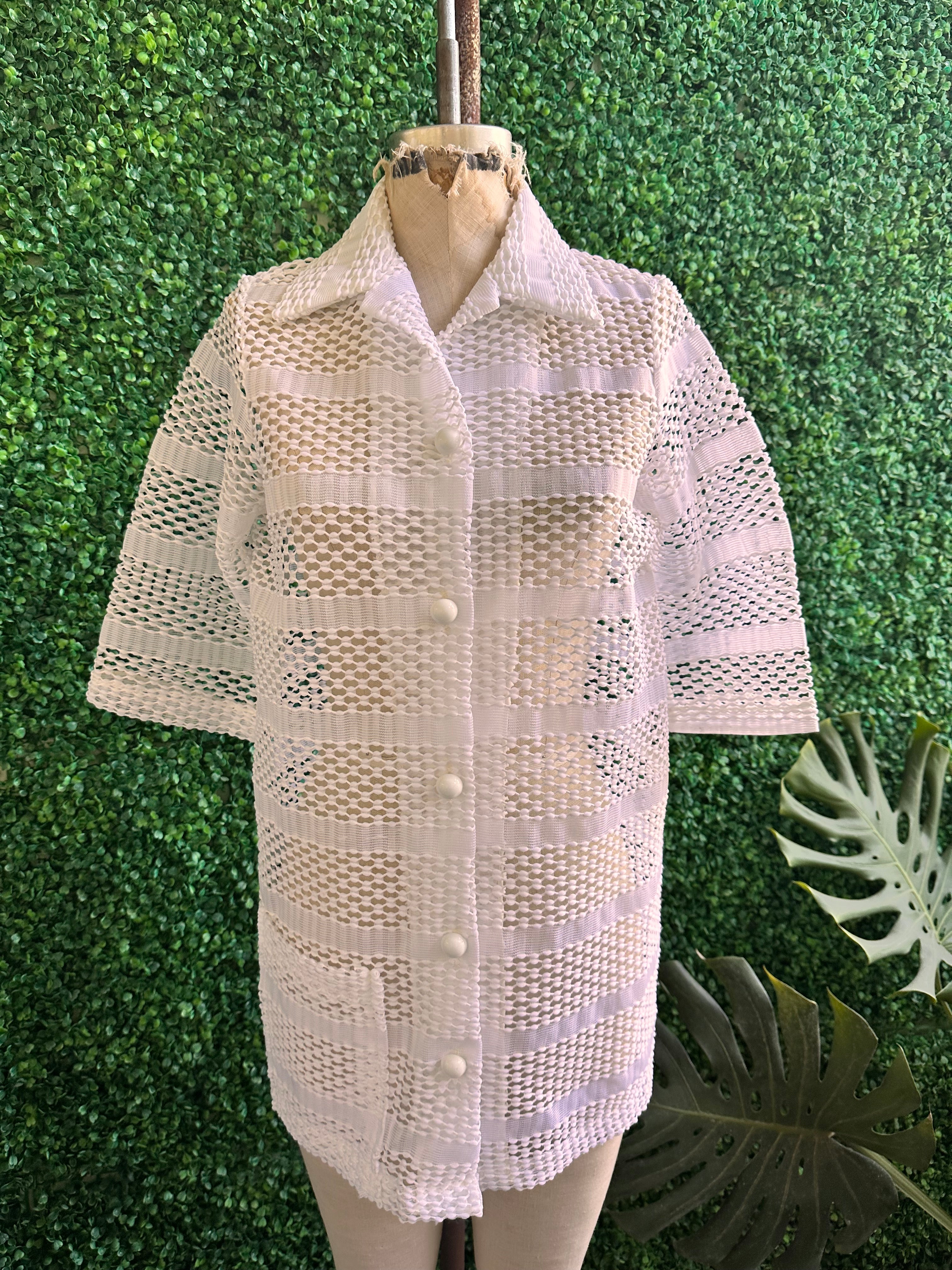 Vintage 70s White Sherry Miami Fla Swimsuit Cover up Dress Sheer Lace Collar Resin Buttons