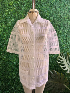 Vintage 70s White Sherry Miami Fla Swimsuit Cover up Dress Sheer Lace Collar Resin Buttons
