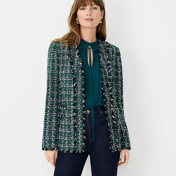 NWT Ann Taylor Petite Shimmer Green Tweed V-Neck Cardigan Jacket Size 4