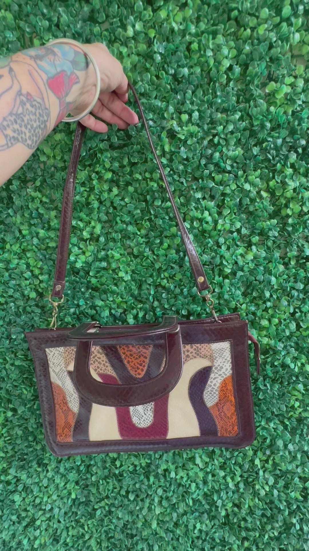 Vintage 80s Leather Satchel Bag Double Handle Shoulder Strap Large Purse Geometric Animal Print Black Red Brown Snake