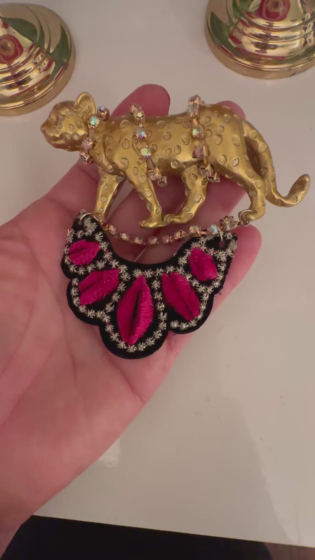 Large Leopard Gold Tone Plaster Brooch Pin with Hanging Embroidery and Crystals