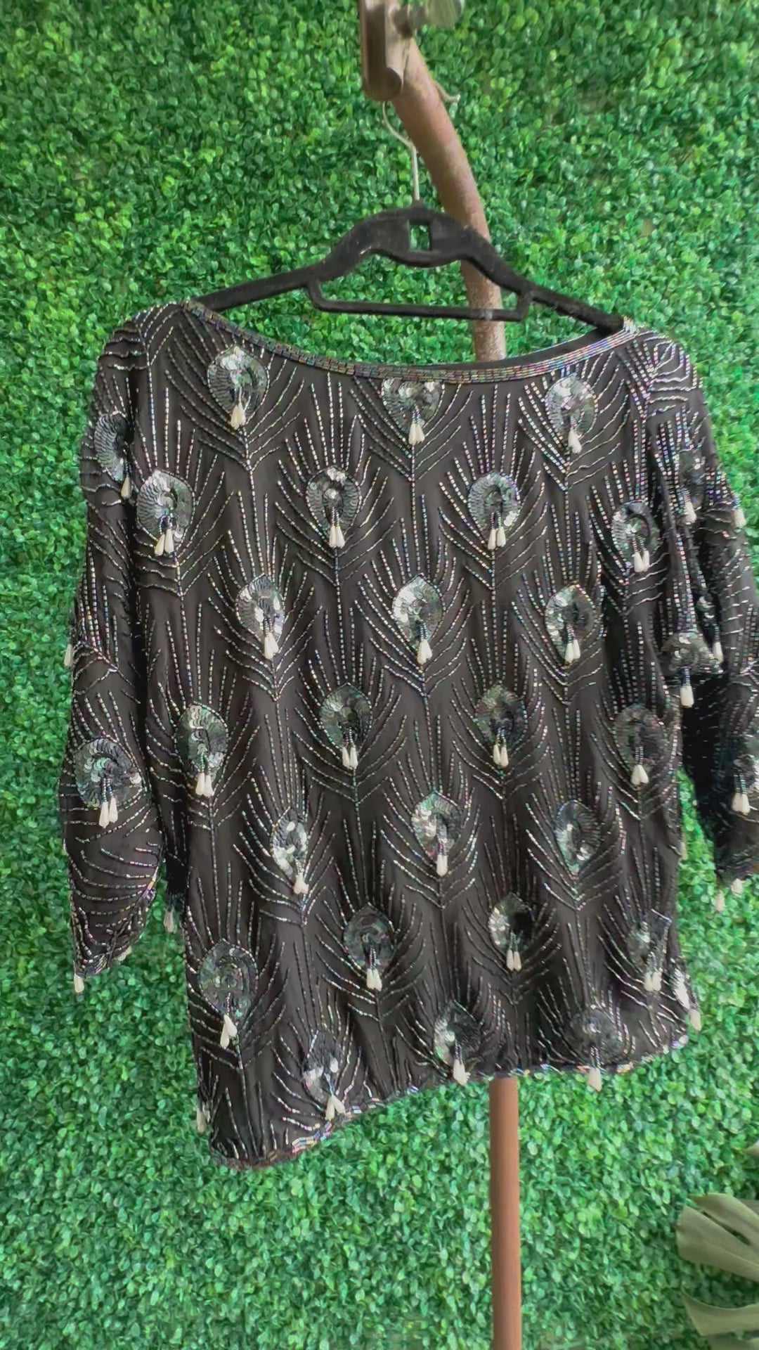 1980s Evening Beaded Sequin Pear Pearls Top Blouse S