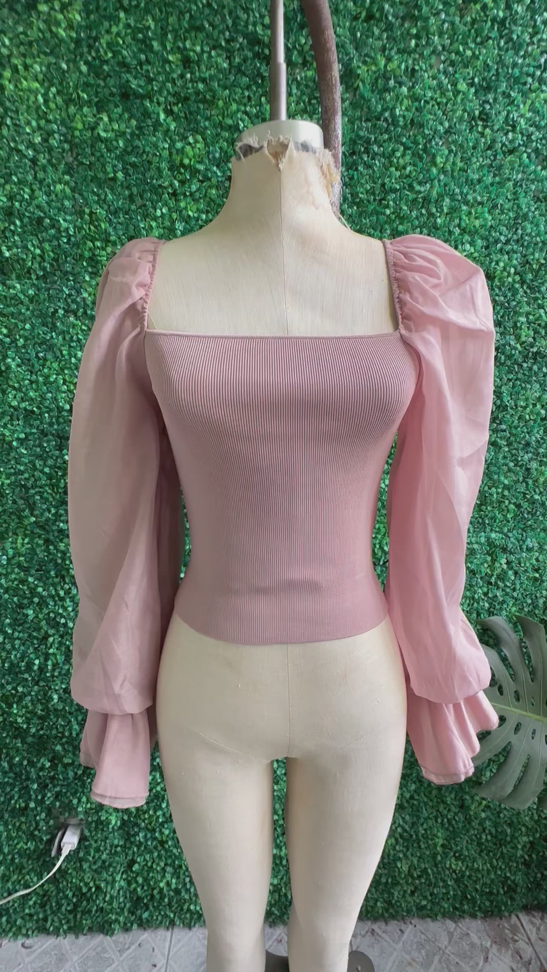 ZARA Tan Organza Puff Sleeves Ribbed Top NWT