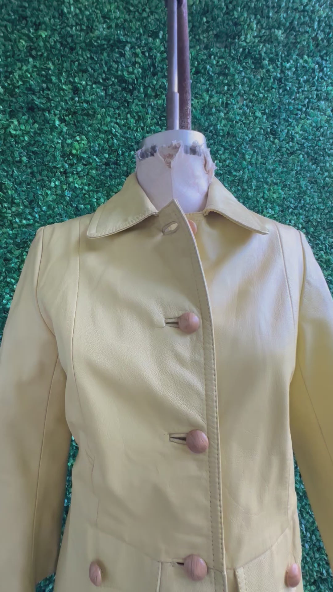 Vintage 70s Pastel Yellow Leather Long Coat with Wood Buttons