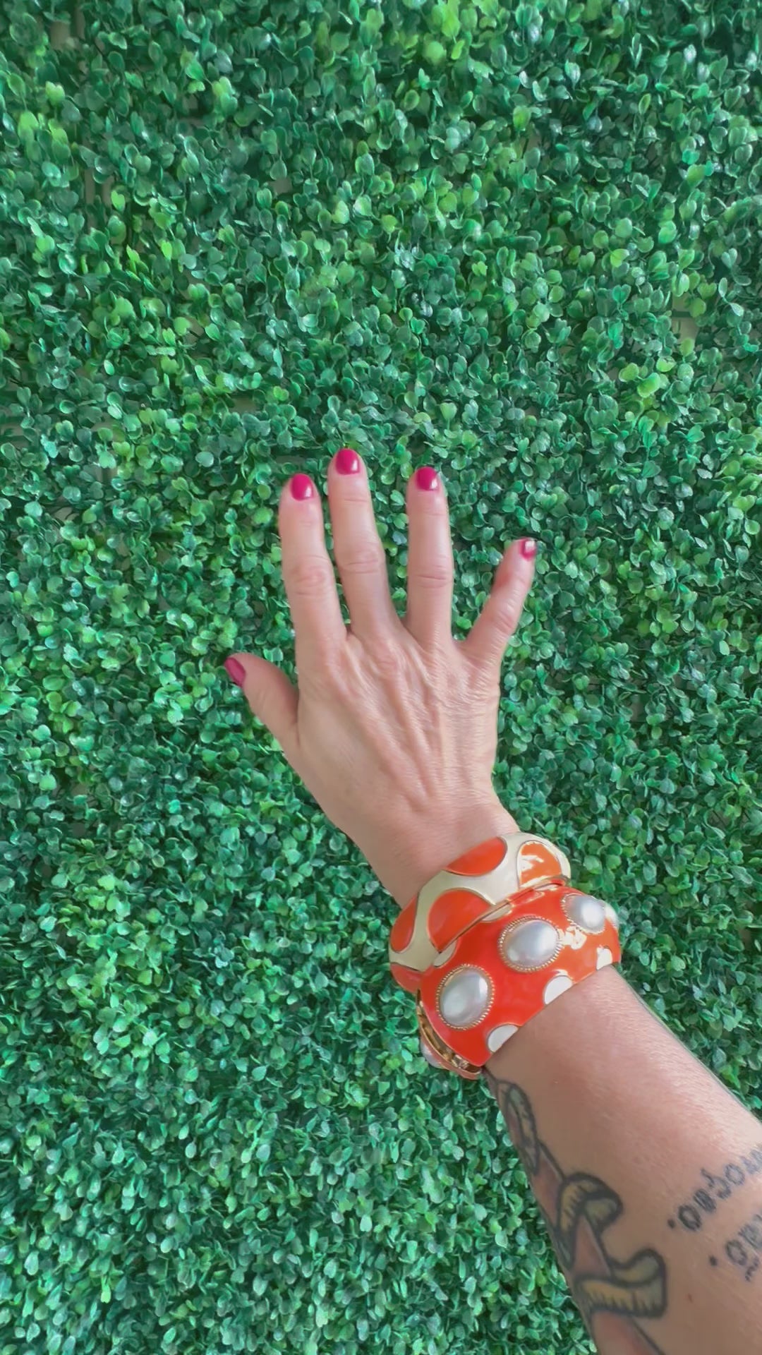 Double Colors Bracelet Orange Enamel and Pearls 2 Bangles Gold Plated Round Statement and Orange enamel Earrings