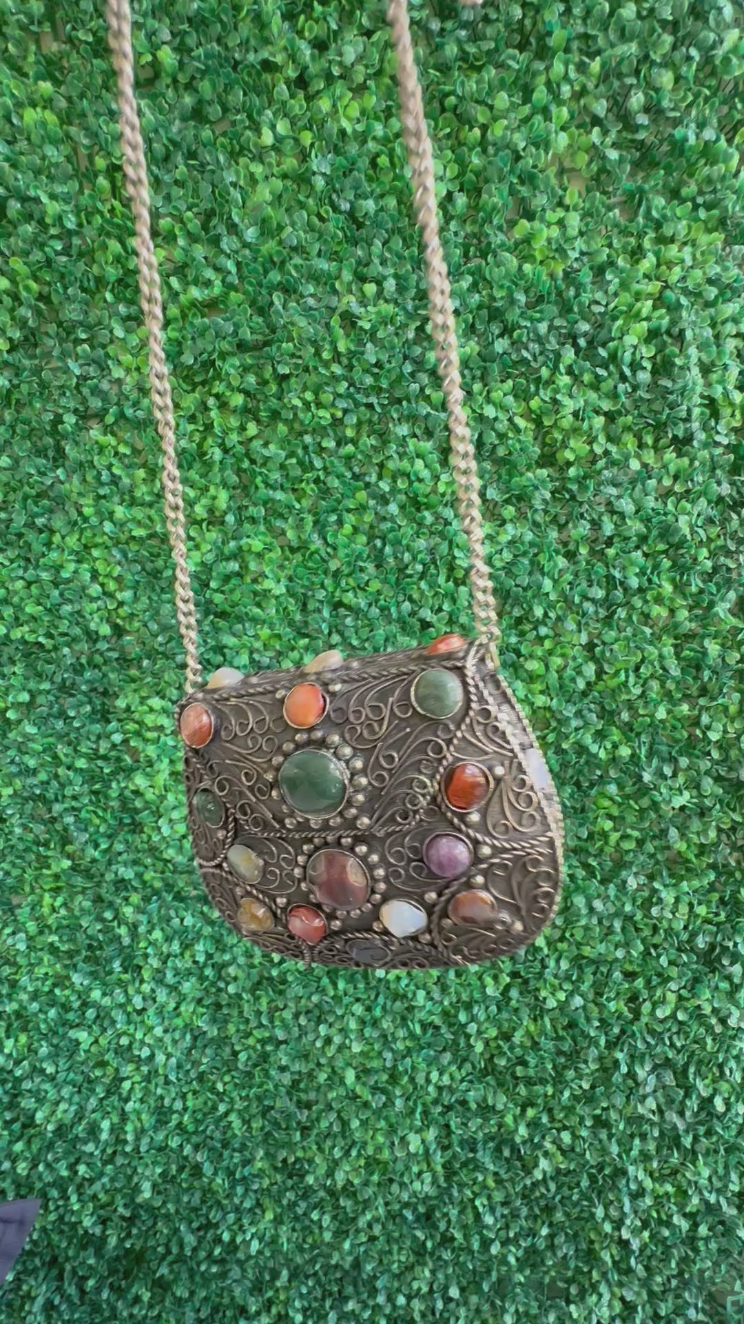 Vintage Sajai Silver Metal Purse Handcraft Genuine Gemstones Agates Crossbody