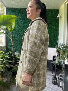 1960s Green Beige Plaid Loose Fit Long Jacket Tweed Coat Jackie O