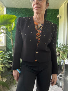 Black Tailored Blazer Bedazzled Crystal Cropped Embellishment Constance Saunders for Richard Warren