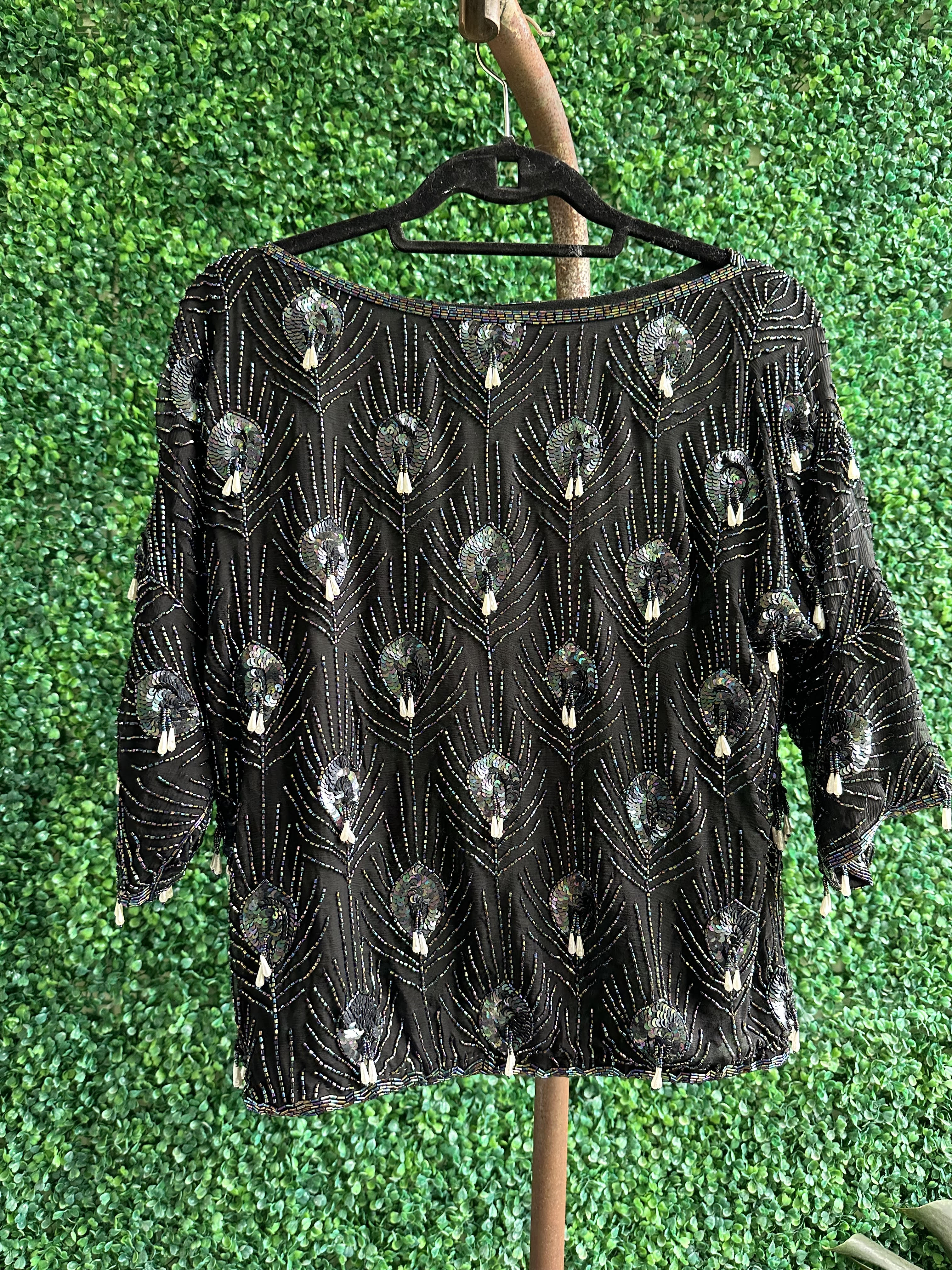 1980s Evening Beaded Sequin Pear Pearls Top Blouse S