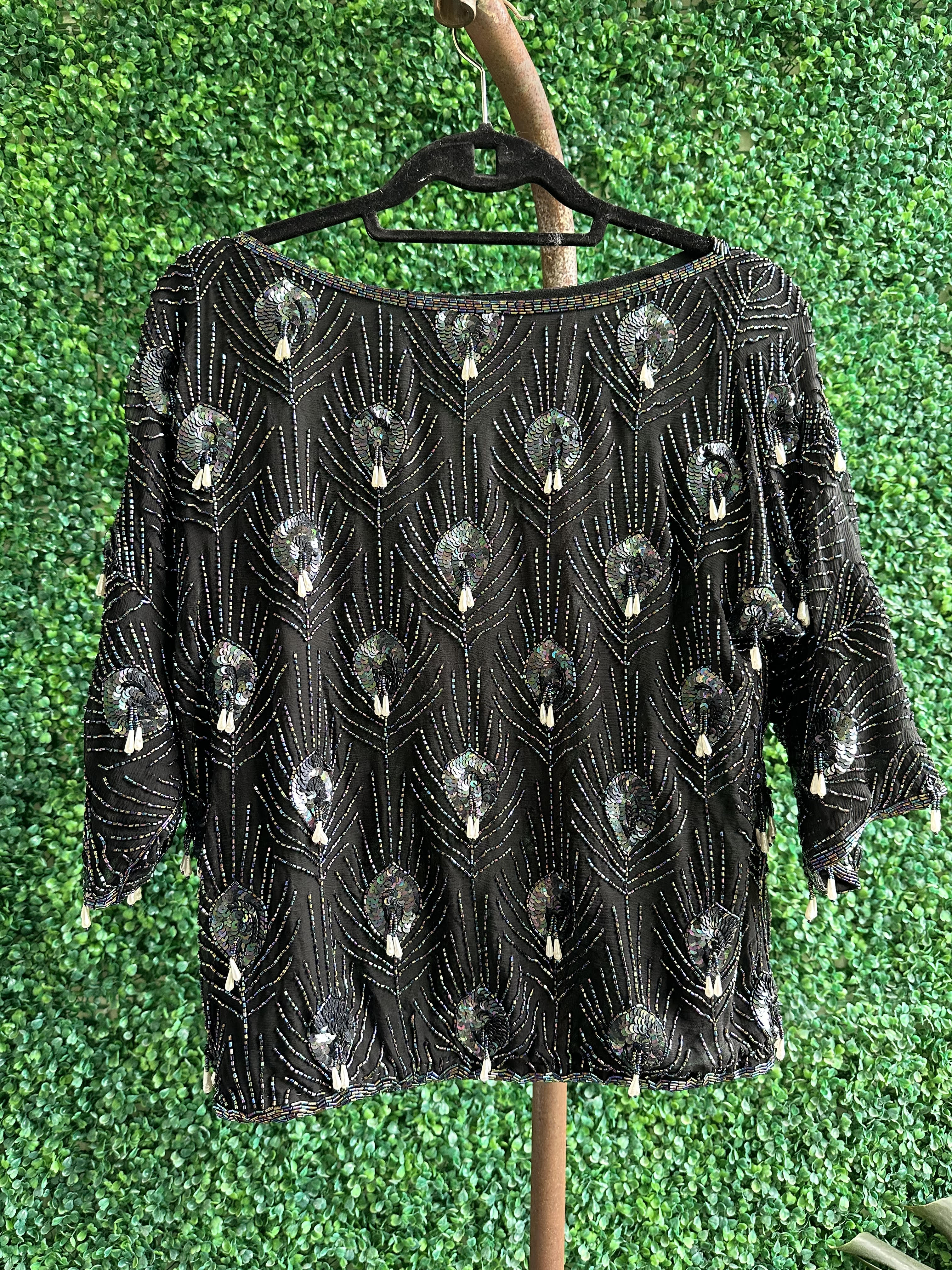 1980s Evening Beaded Sequin Pear Pearls Top Blouse S