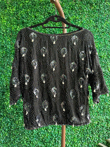 1980s Evening Beaded Sequin Pear Pearls Top Blouse S