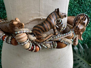 Large Safari Animal Roped Belt 90s and Beaded Necklace Set Statement Wood Sculptural