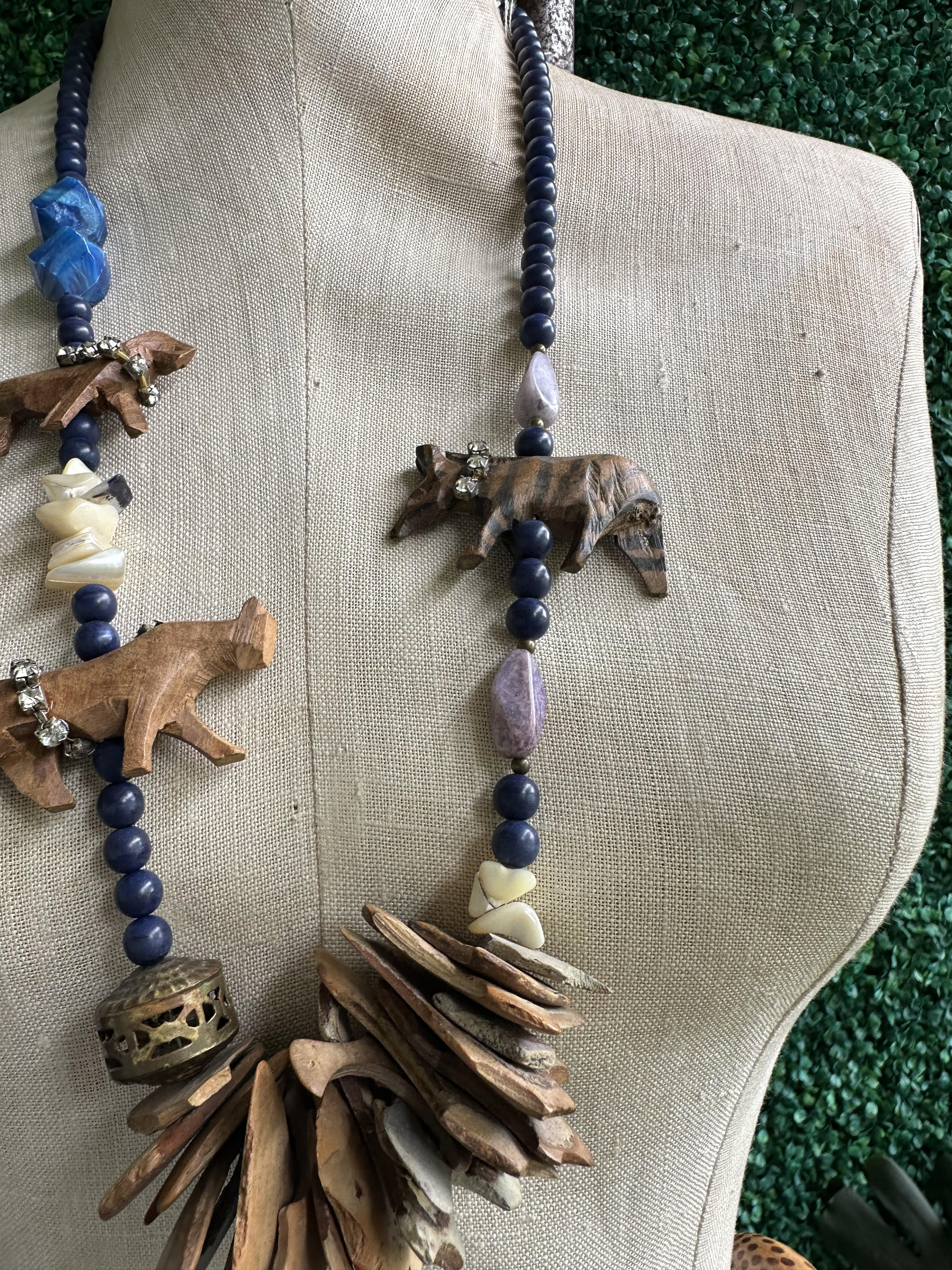 Large Safari Animal Roped Belt 90s and Beaded Necklace Set Statement Wood Sculptural