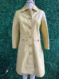 Vintage 70s Pastel Yellow Leather Long Coat with Wood Buttons