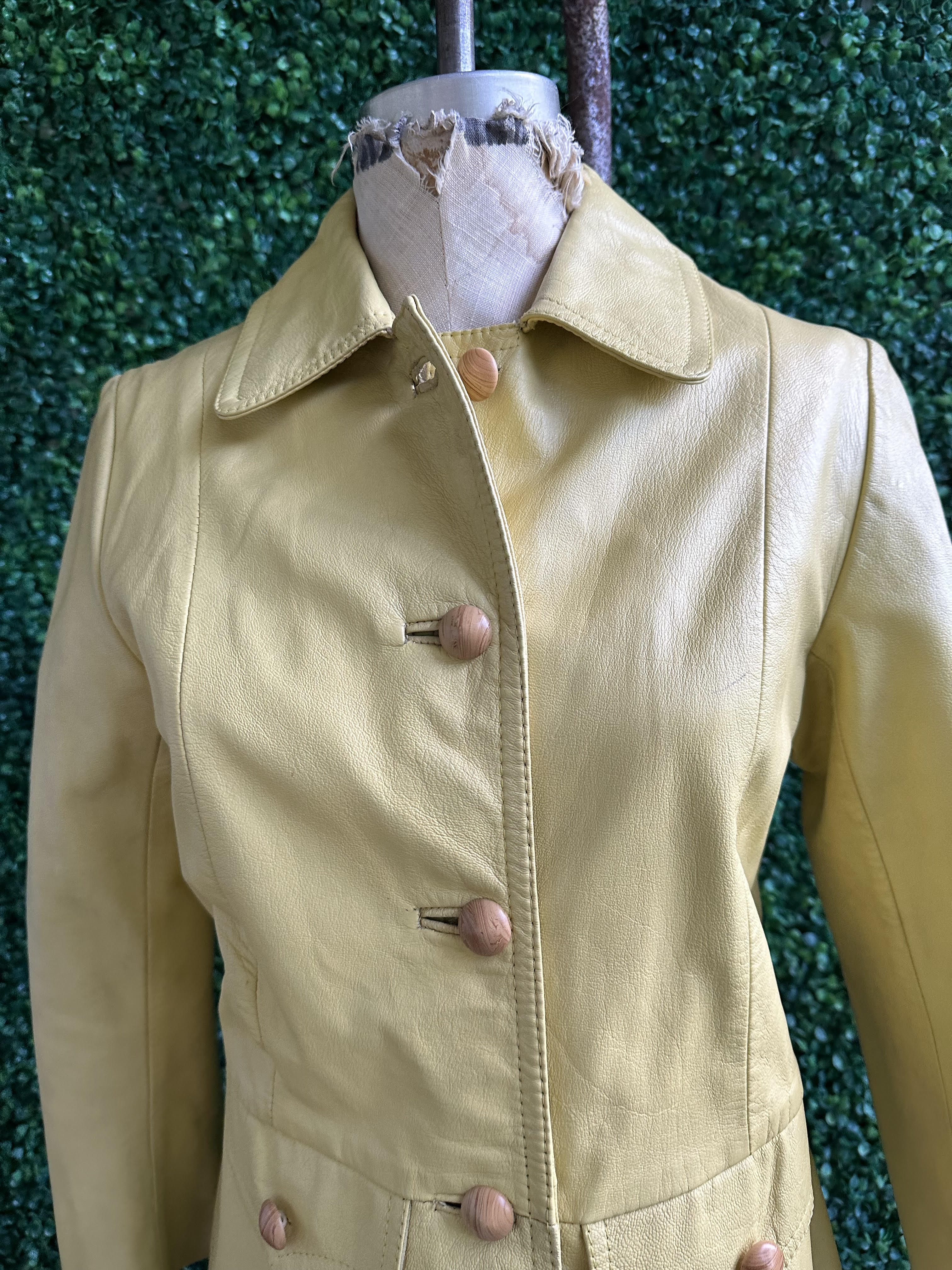 Vintage 70s Pastel Yellow Leather Long Coat with Wood Buttons