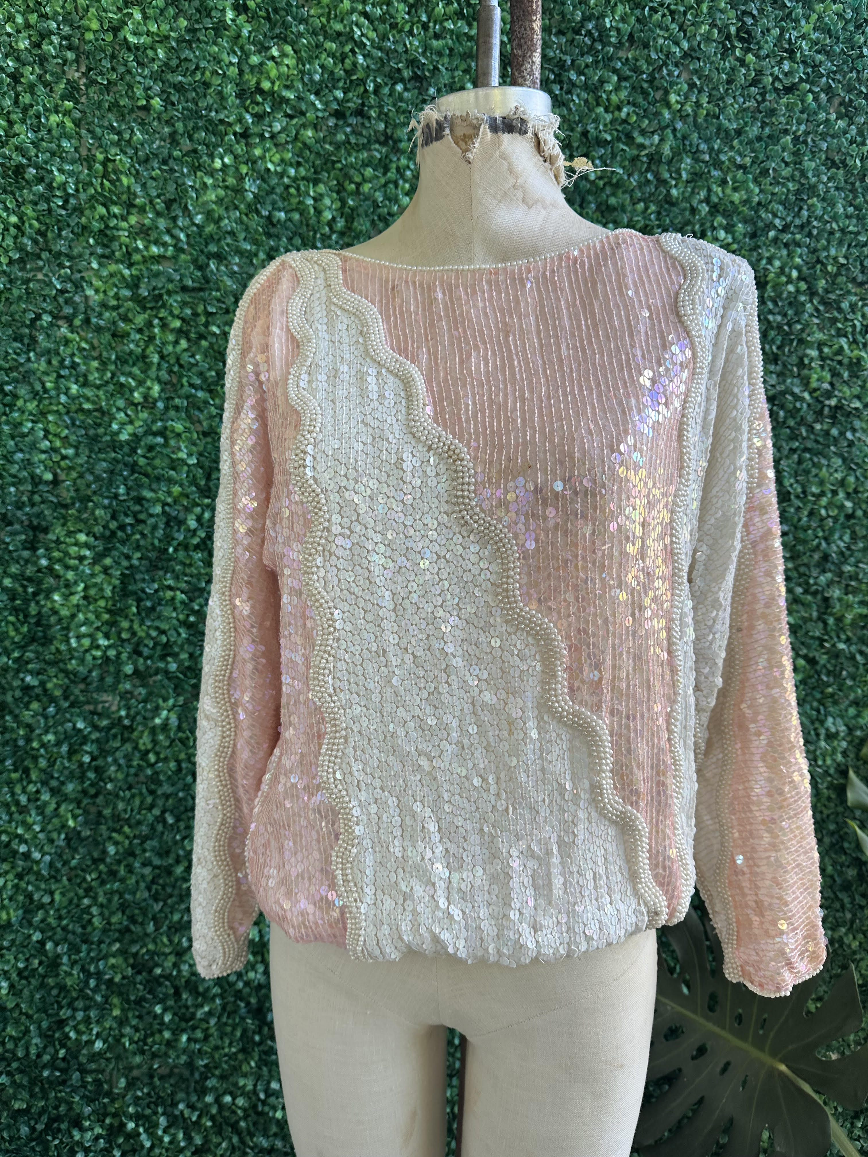 Dominique Pink Nude Sequined and Pearls Gathered Blouse with Scallop Sleeves