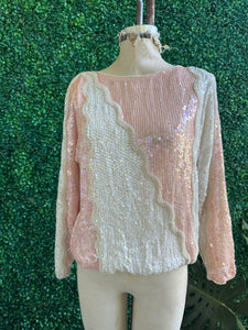 Dominique Pink Nude Sequined and Pearls Gathered Blouse with Scallop Sleeves