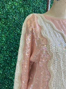 Dominique Pink Nude Sequined and Pearls Gathered Blouse with Scallop Sleeves