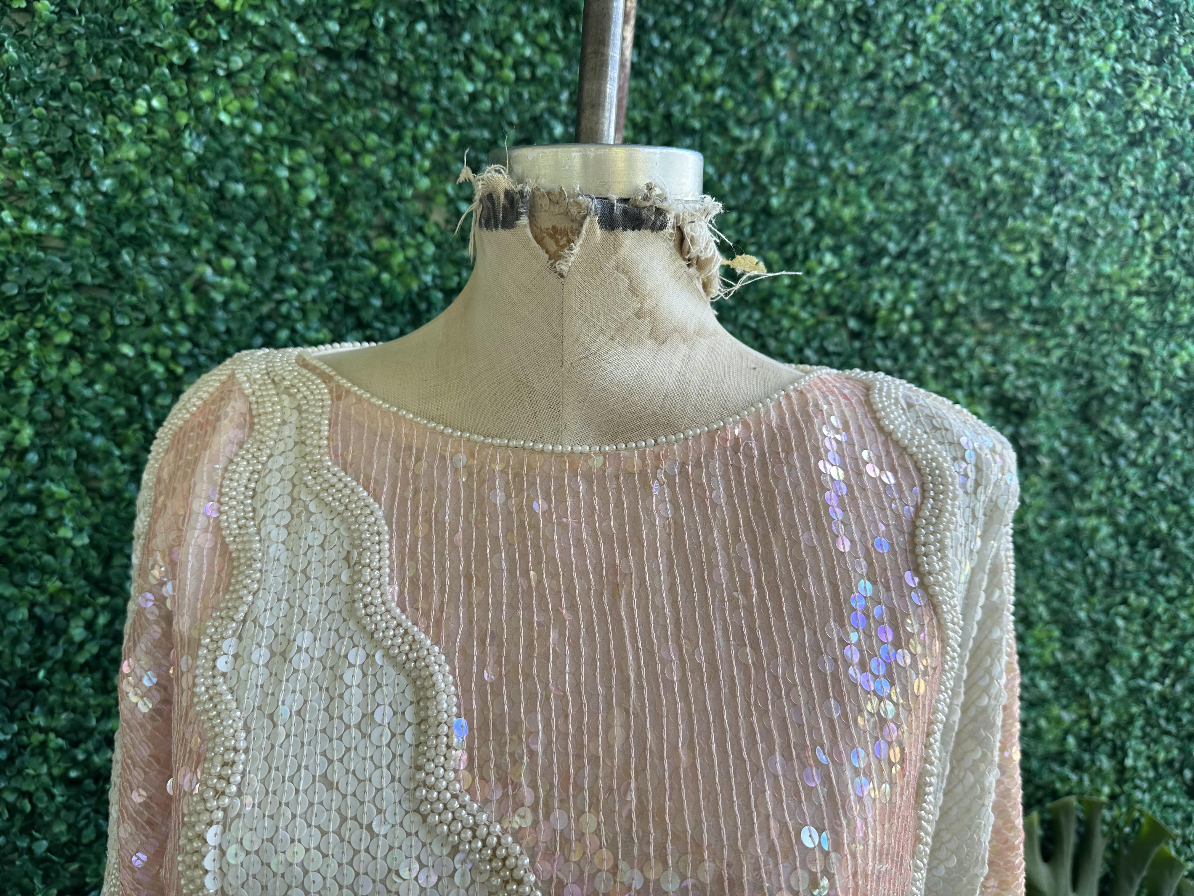 Dominique Pink Nude Sequined and Pearls Gathered Blouse with Scallop Sleeves