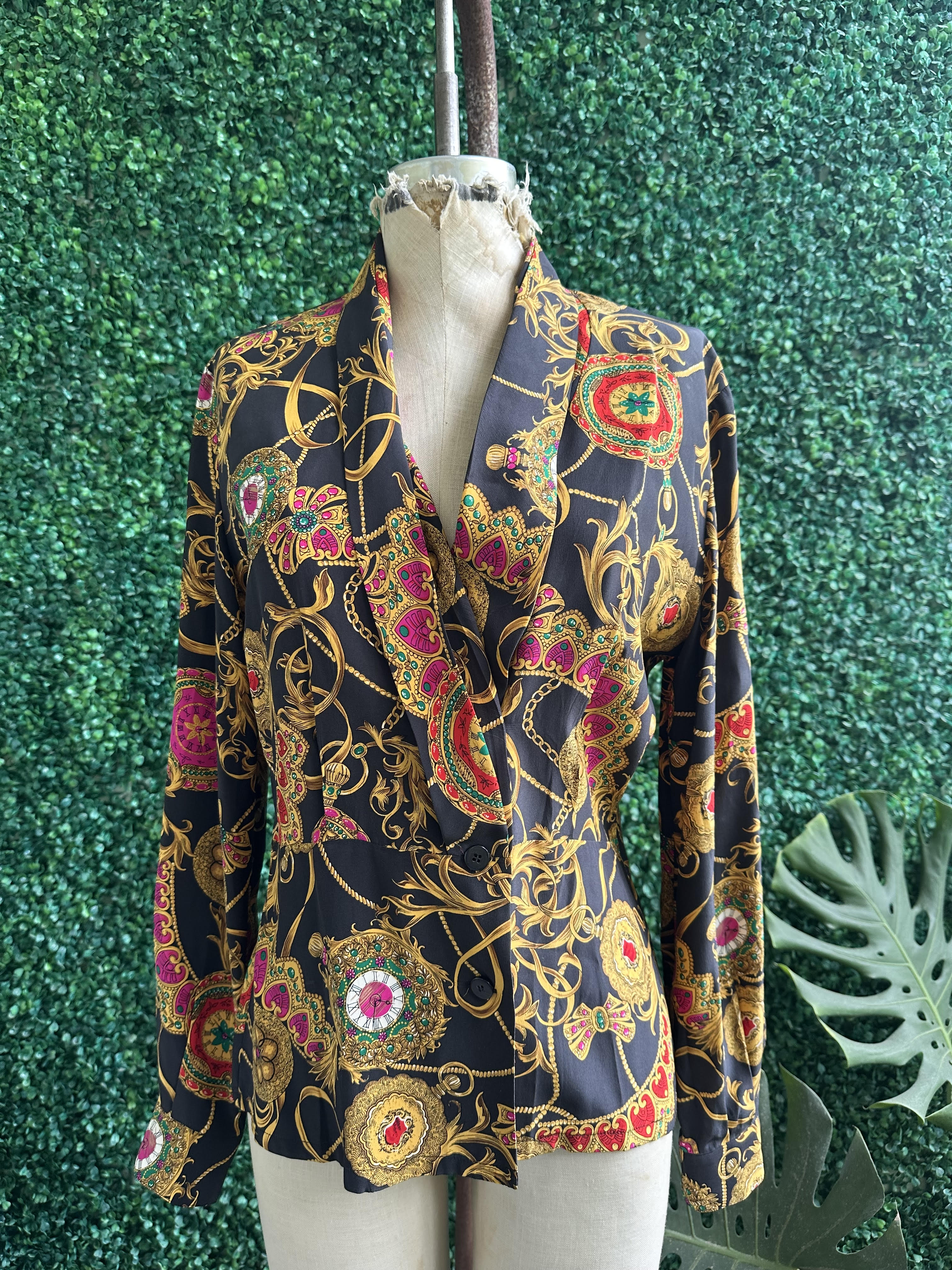 Vtg 90s DANA BUCHMAN Baroque Cowl Neck 100% Silk Blouse Black Pink JEWELS Watches Pattern