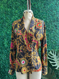 Vtg 90s DANA BUCHMAN Baroque Cowl Neck 100% Silk Blouse Black Pink JEWELS Watches Pattern