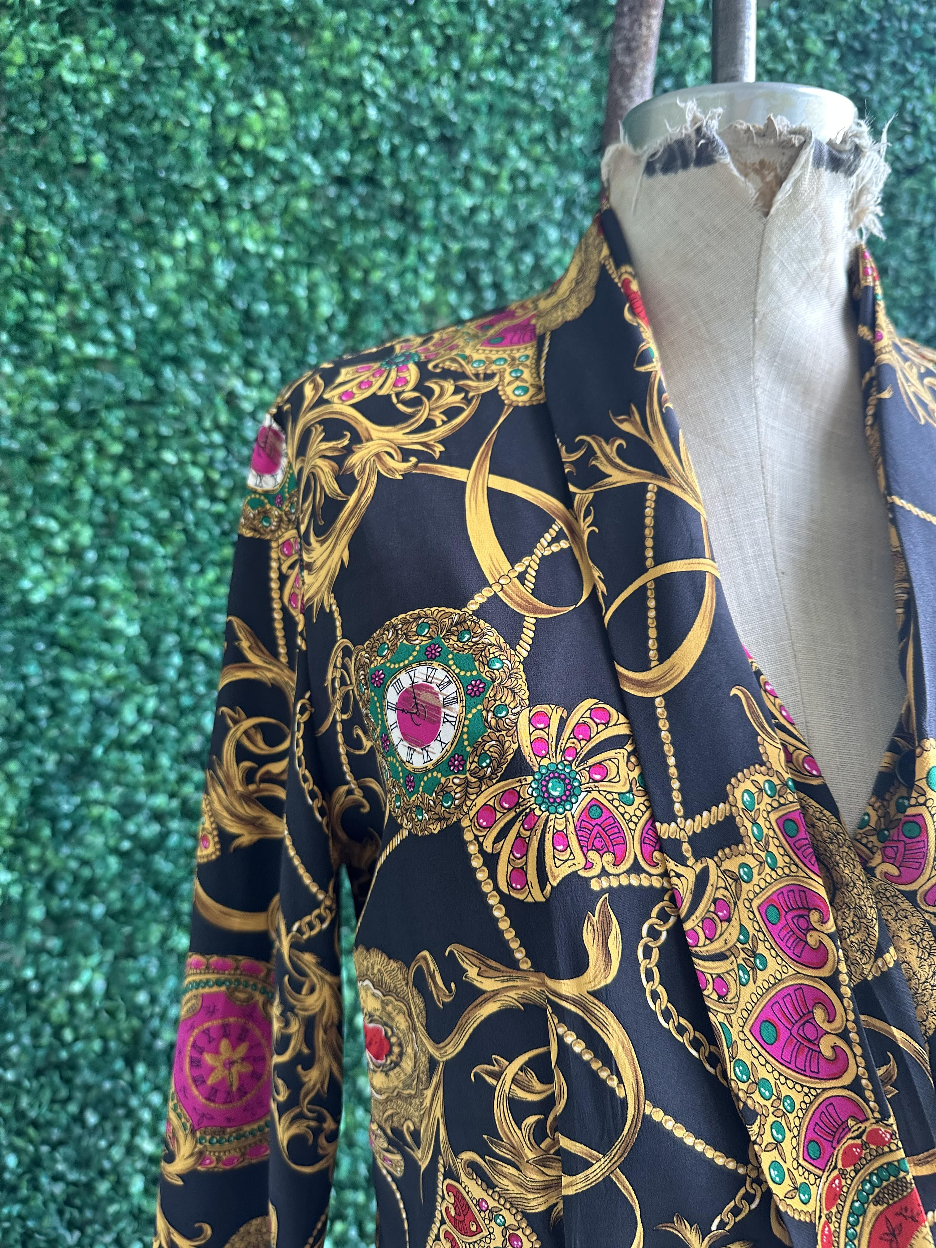 Vtg 90s DANA BUCHMAN Baroque Cowl Neck 100% Silk Blouse Black Pink JEWELS Watches Pattern