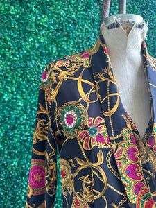 Vtg 90s DANA BUCHMAN Baroque Cowl Neck 100% Silk Blouse Black Pink JEWELS Watches Pattern