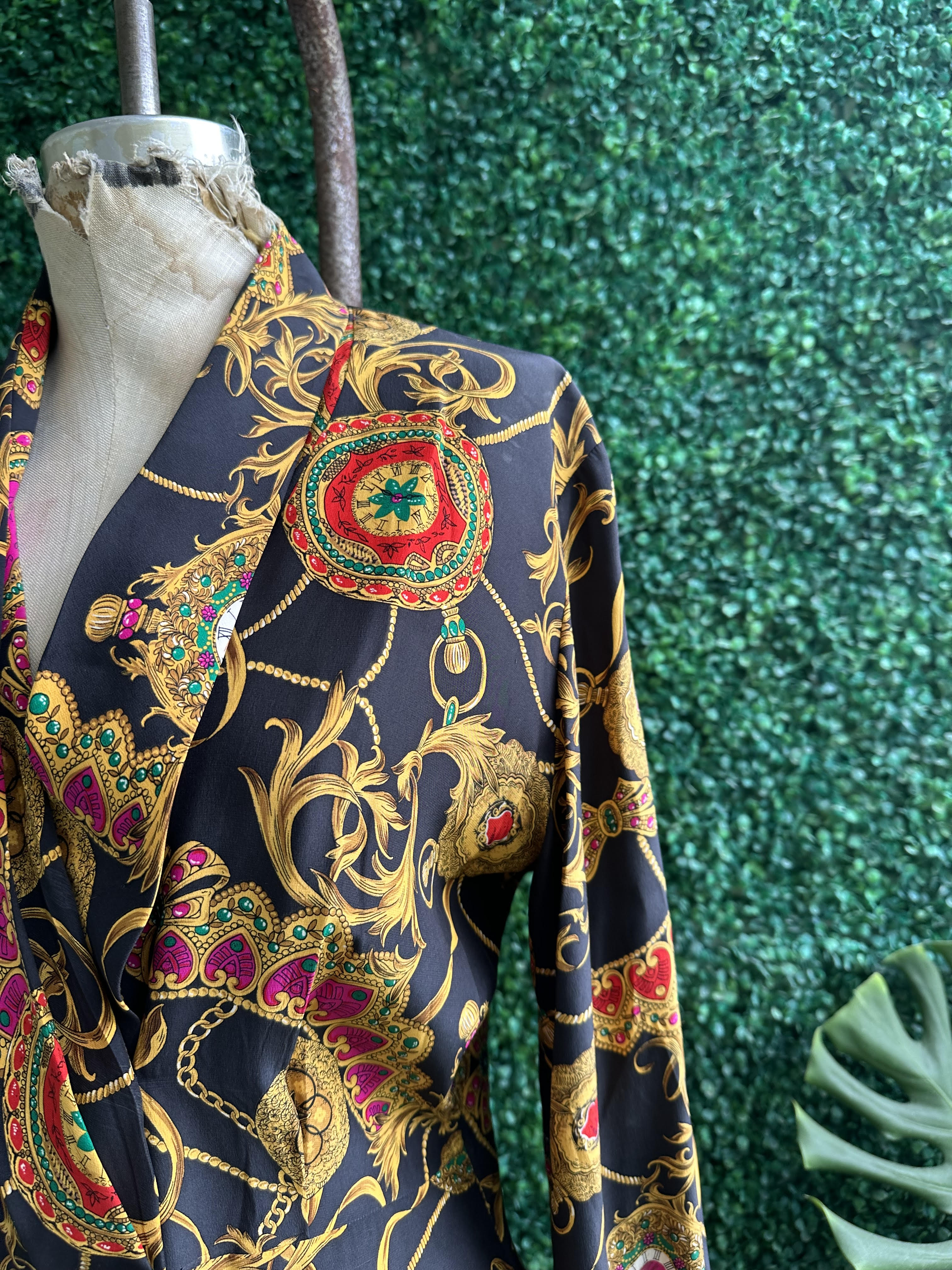 Vtg 90s DANA BUCHMAN Baroque Cowl Neck 100% Silk Blouse Black Pink JEWELS Watches Pattern