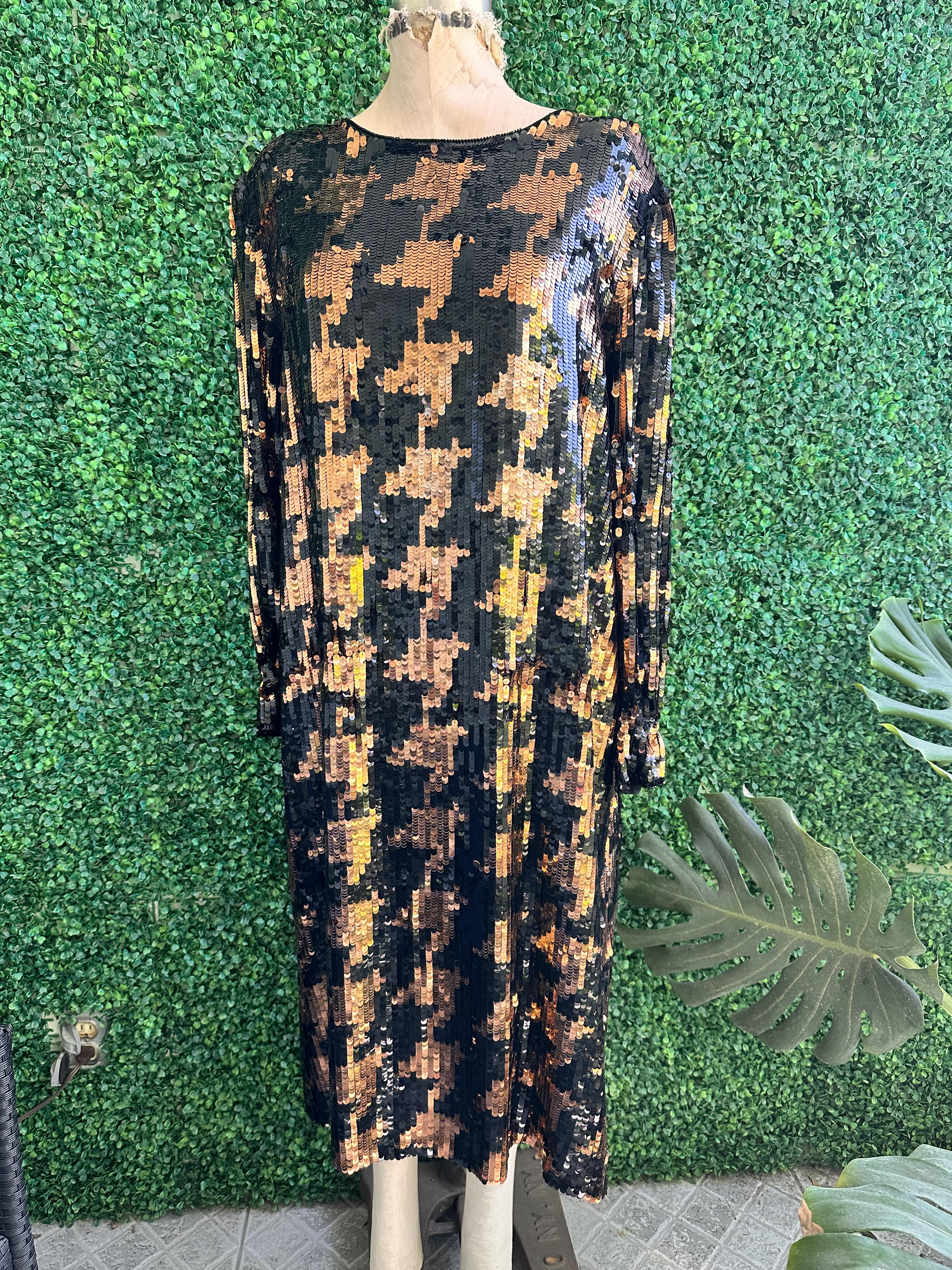 Vintage Argenti Black and Copper Sequins Long Silk Dress Plus