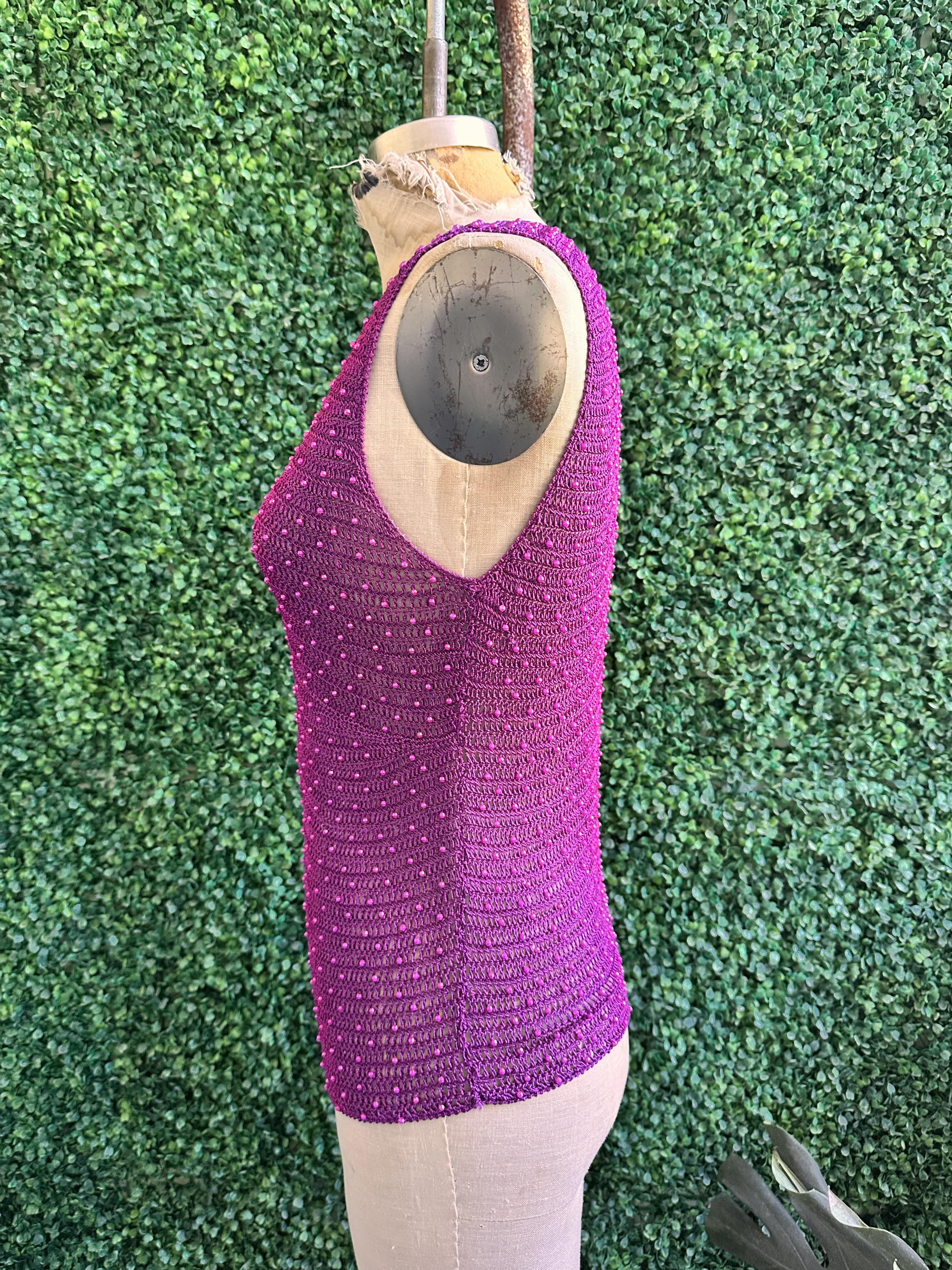 Pink lace crochet tank top with pink pearls