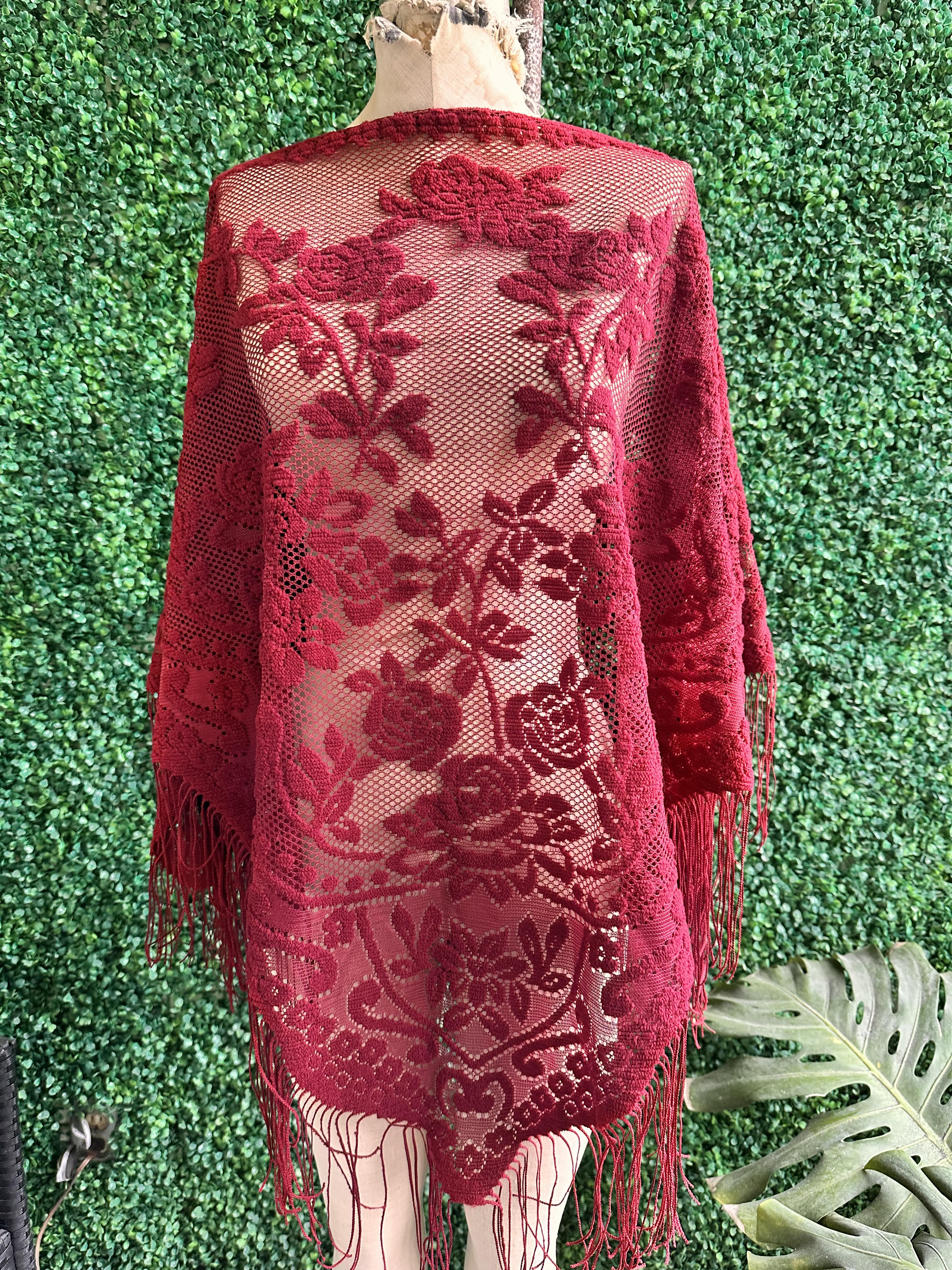 70s Red Chenille Triangle Shawl Fringed Flower Shawl Piano Shawl