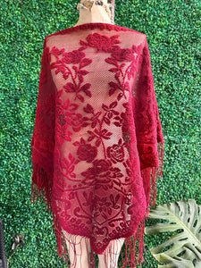 70s Red Chenille Triangle Shawl Fringed Flower Shawl Piano Shawl