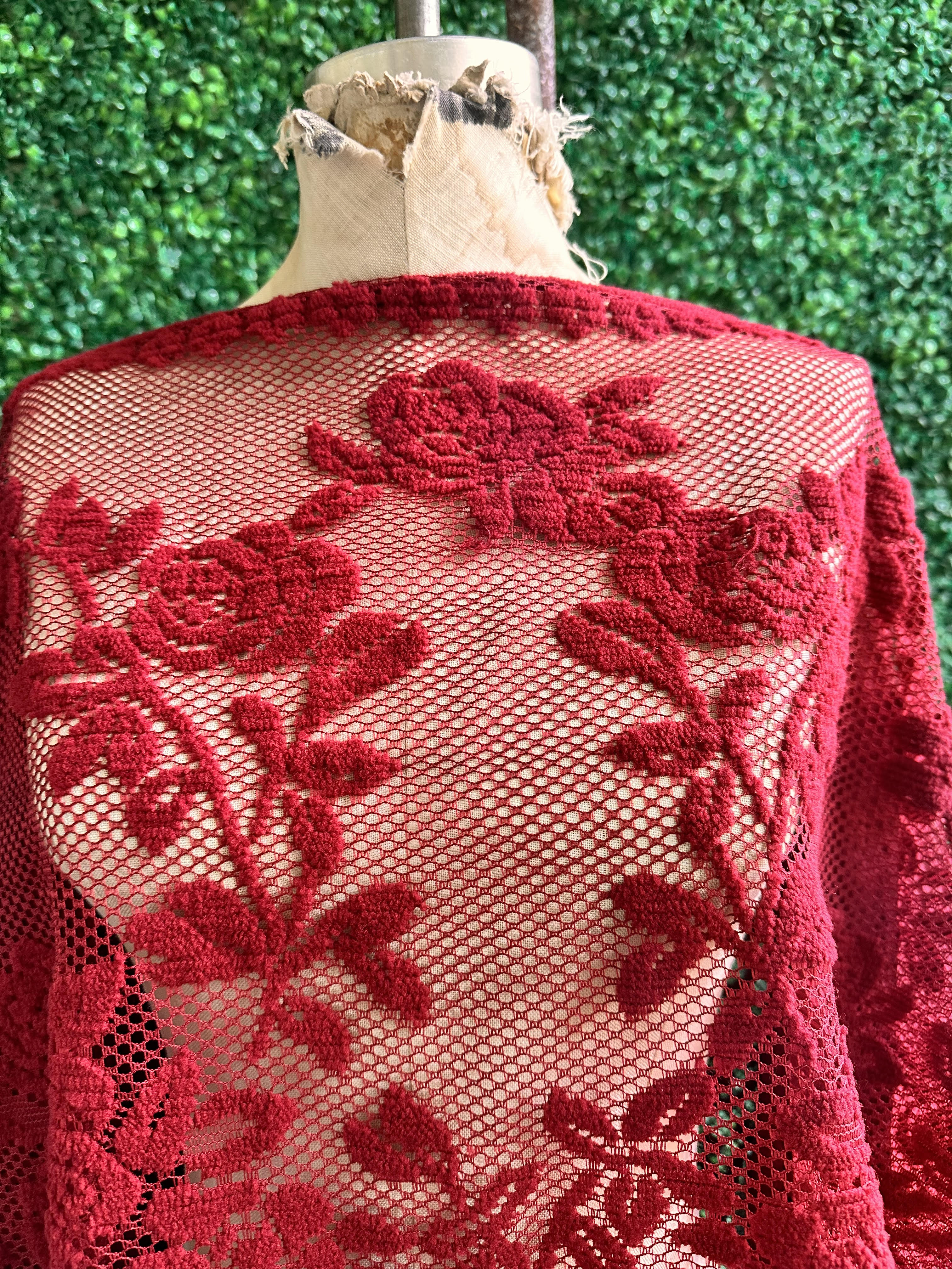 70s Red Chenille Triangle Shawl Fringed Flower Shawl Piano Shawl