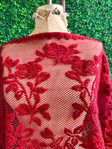 70s Red Chenille Triangle Shawl Fringed Flower Shawl Piano Shawl