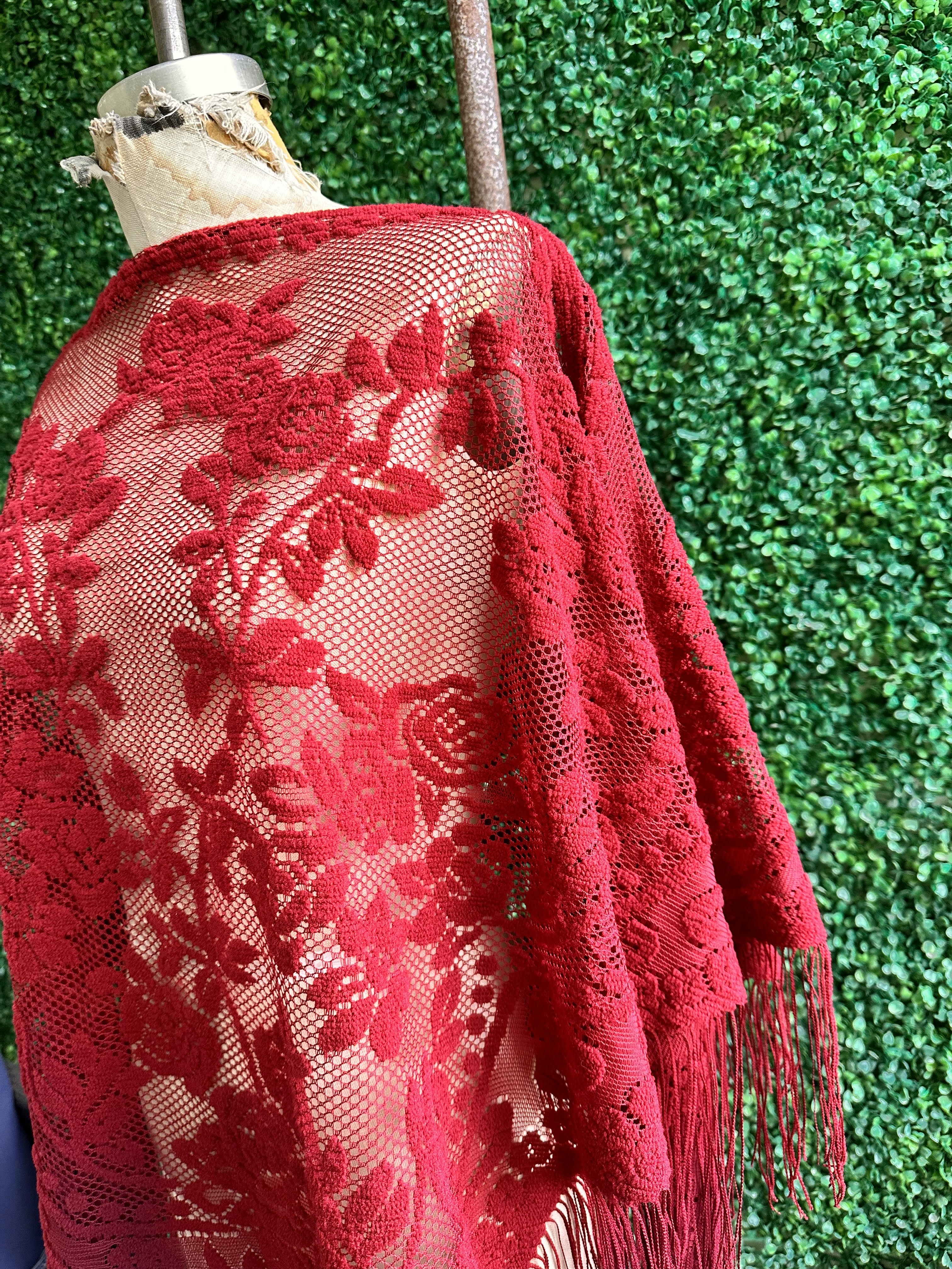 70s Red Chenille Triangle Shawl Fringed Flower Shawl Piano Shawl