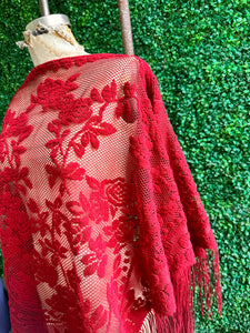 70s Red Chenille Triangle Shawl Fringed Flower Shawl Piano Shawl
