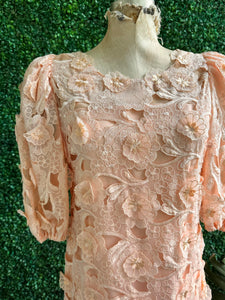 Vintage Peach Richilene Embroidered Lace Balloon Sleeve Dress