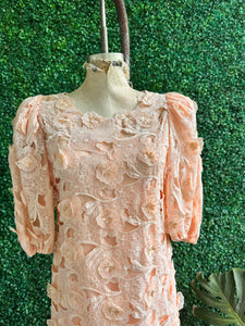 Vintage Peach Richilene Embroidered Lace Balloon Sleeve Dress